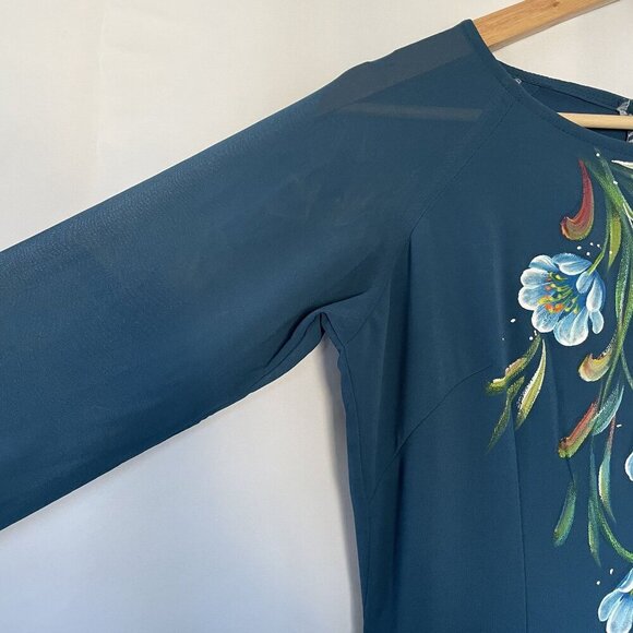 Vintage Teal Maxi Dress With Floral Hand-Painted Design & Long Sleeves high slit - Picture 4 of 10